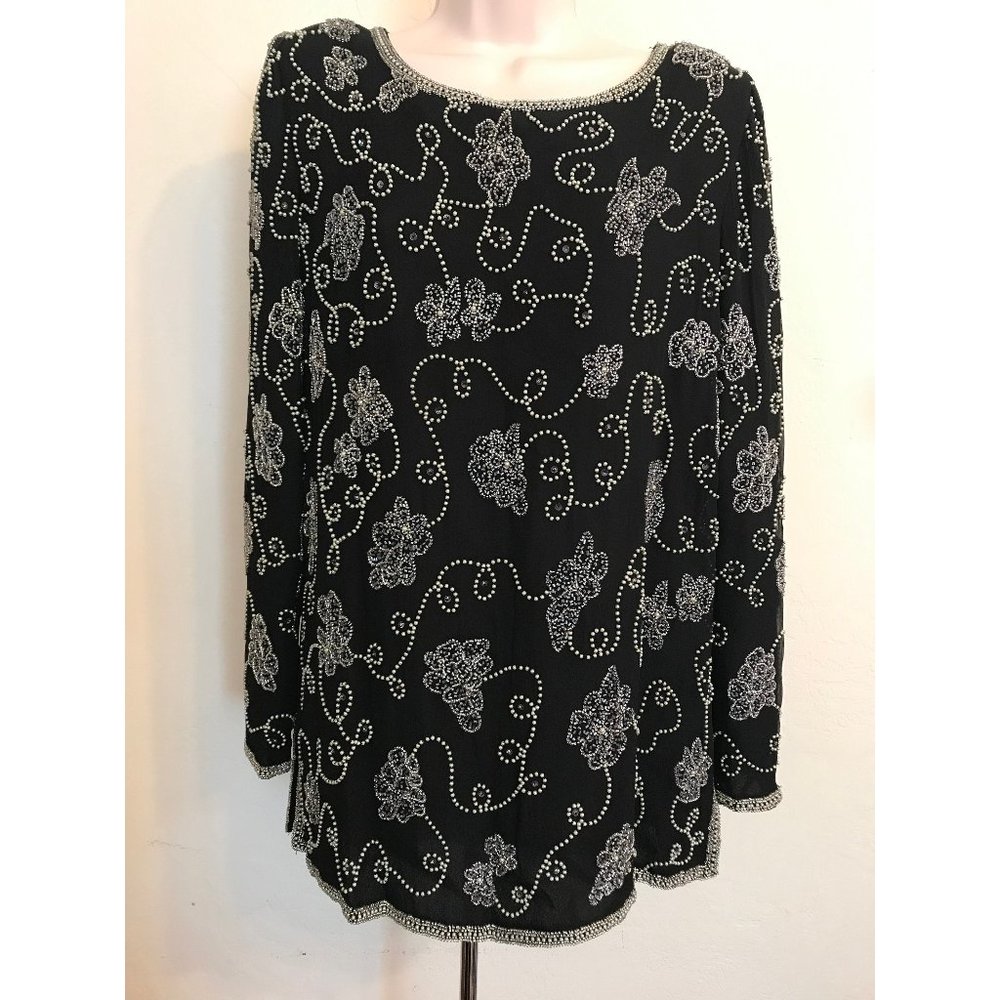 Women's Black Sequin Beaded Blouse Top Tunic